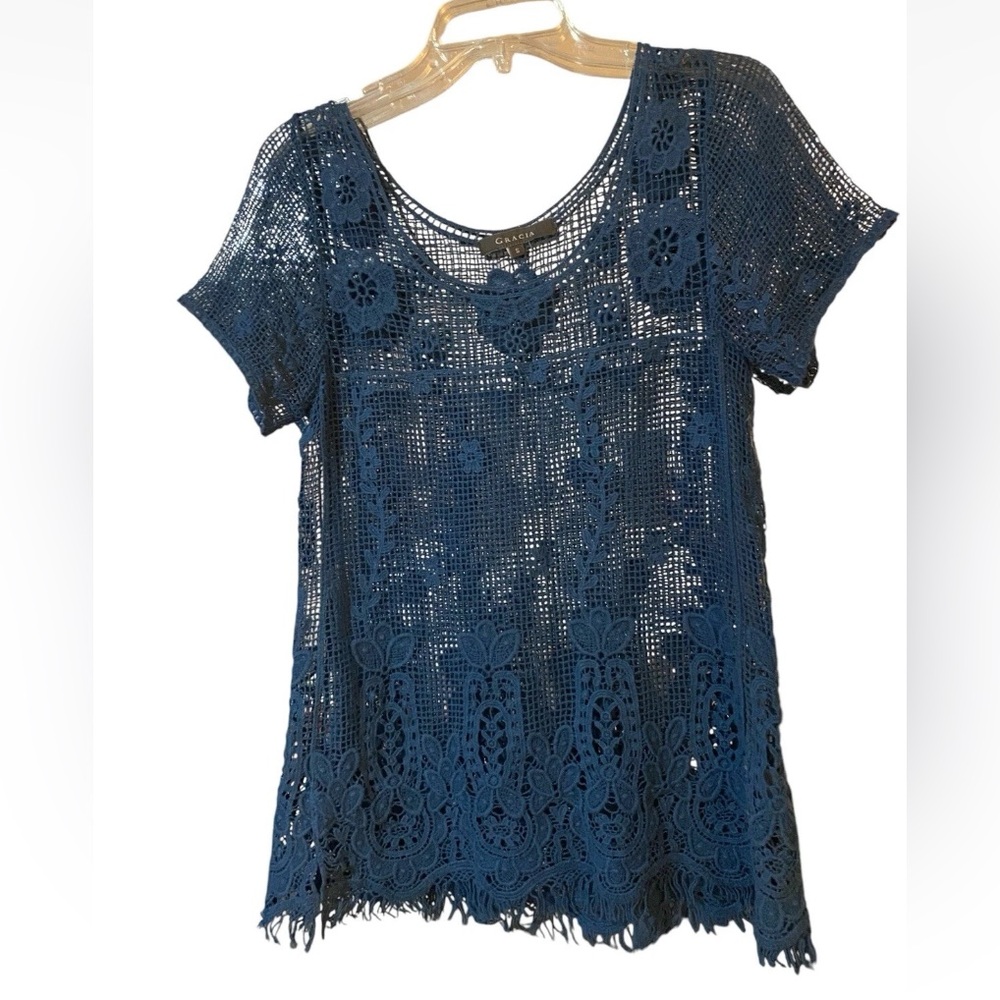 Gracia Blue Embellished Short Sleeve Blouse
